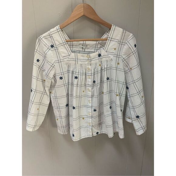 Madewell Loose Top Embroidered Windowpane Square-Neck Button-Down Small - Picture 3 of 9